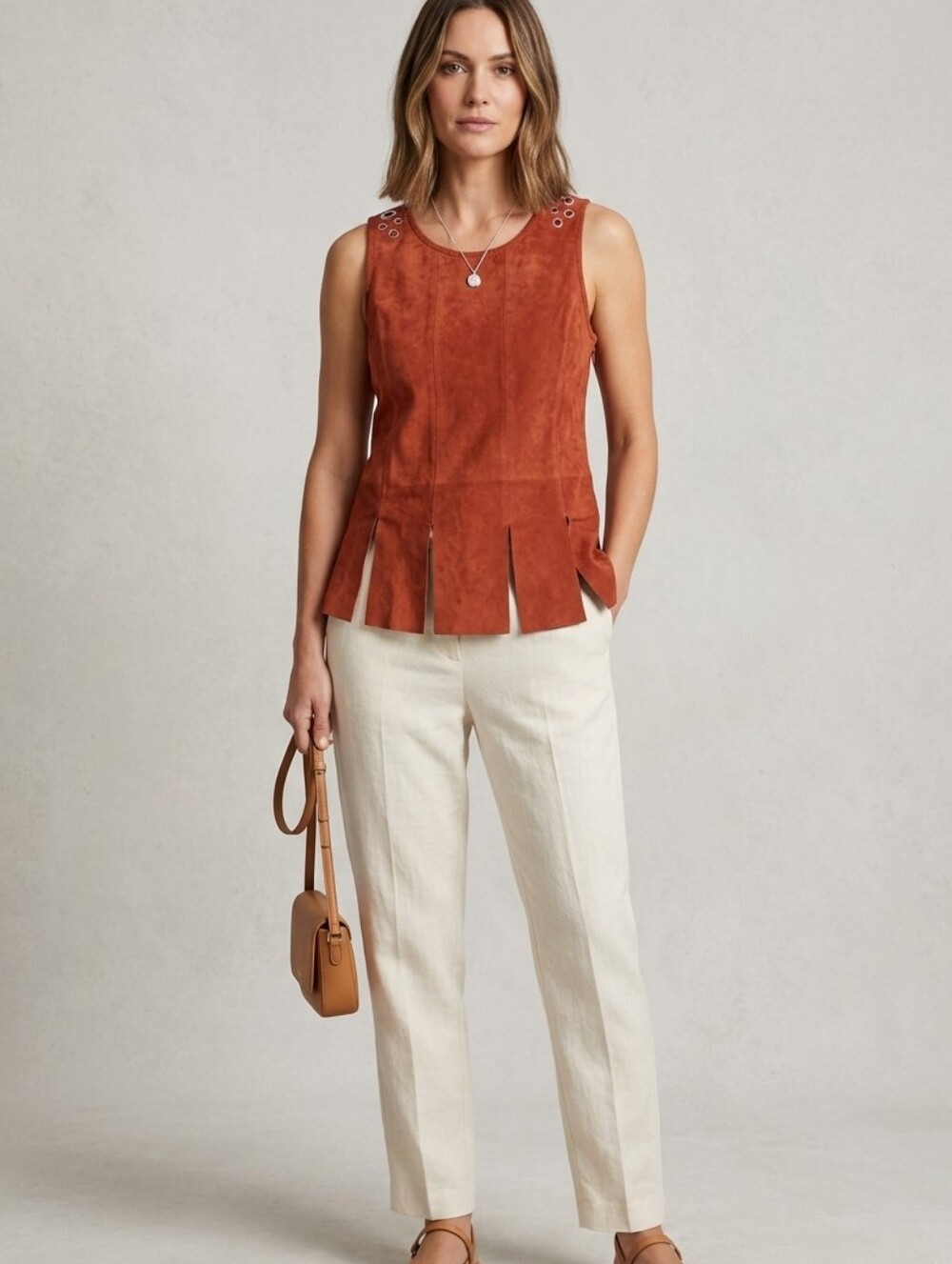 Lamarque Rust Suede Learher  Fringe Tank with Grommet Details
